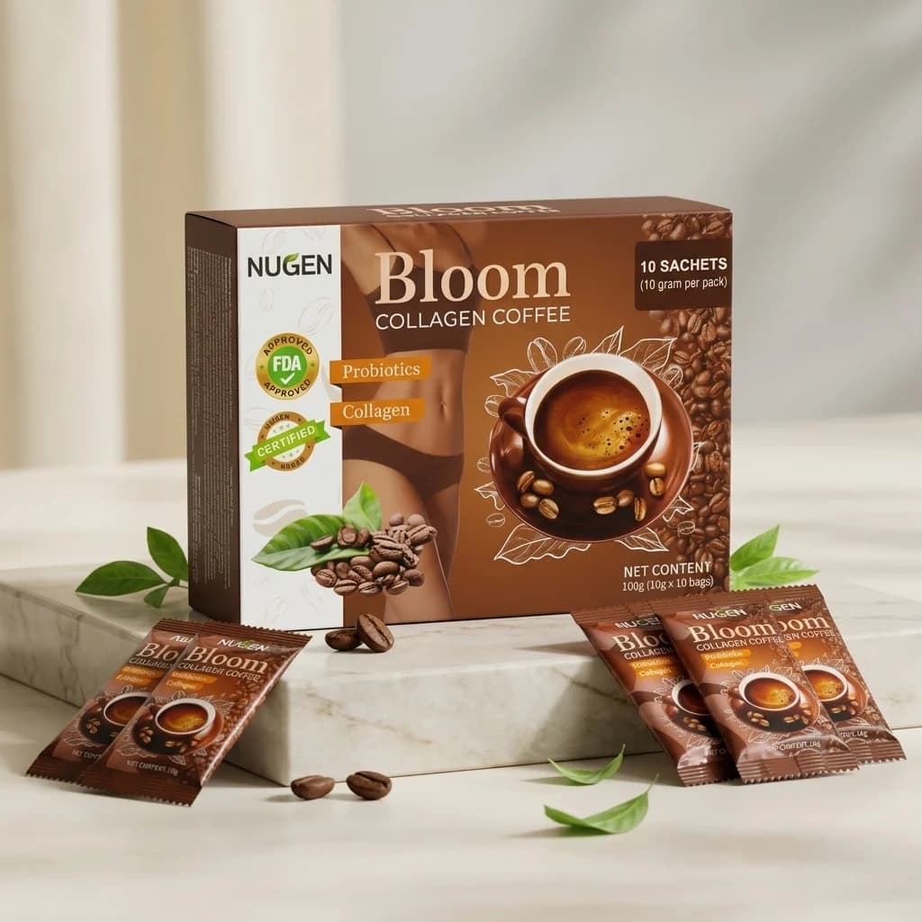 Bloom COLLAGEN COFFEE — علبة المنتج الأصلية مع الأظرف